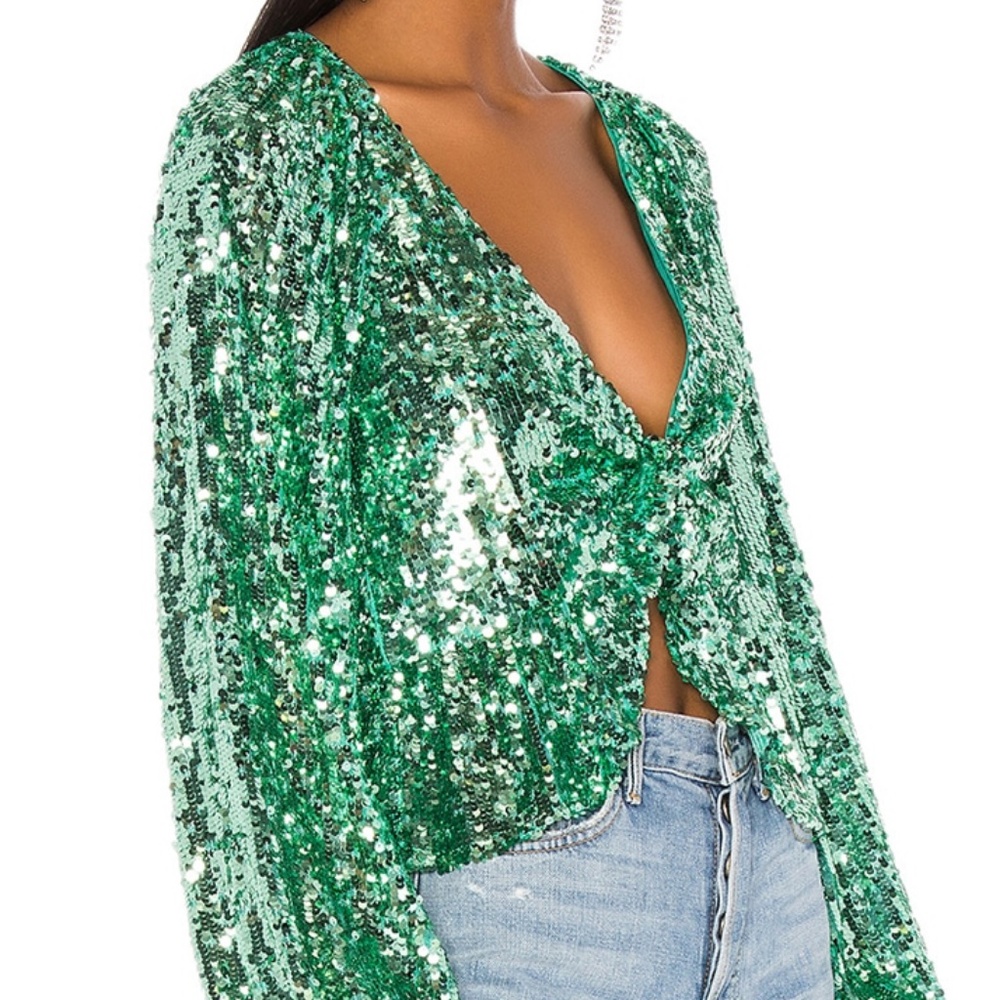 Mint Sequin For Love and Lemons Madeleine Front-tie Top. Size Small NWT